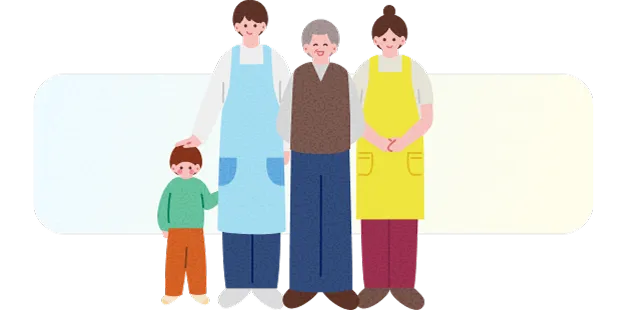 スタッフとご利用者が世代を超えて並ぶイラスト