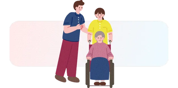 車椅子のご利用者を2人のスタッフが介助するイラスト